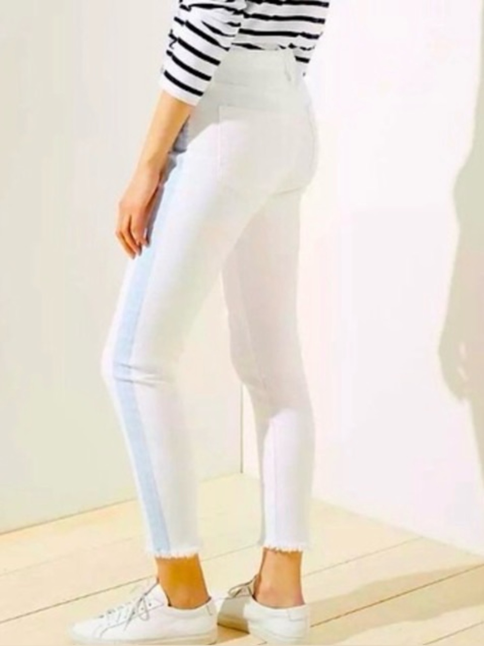LOFT | White Denim Blue Tuxedo-Stripe High Waist Skinny Crop Jeans Sz 30/10
